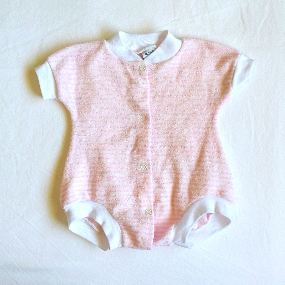 VTG 90s Teddy’s Choice Pink Striped Terry Cloth Bubble Romper Playsuit 0-3M